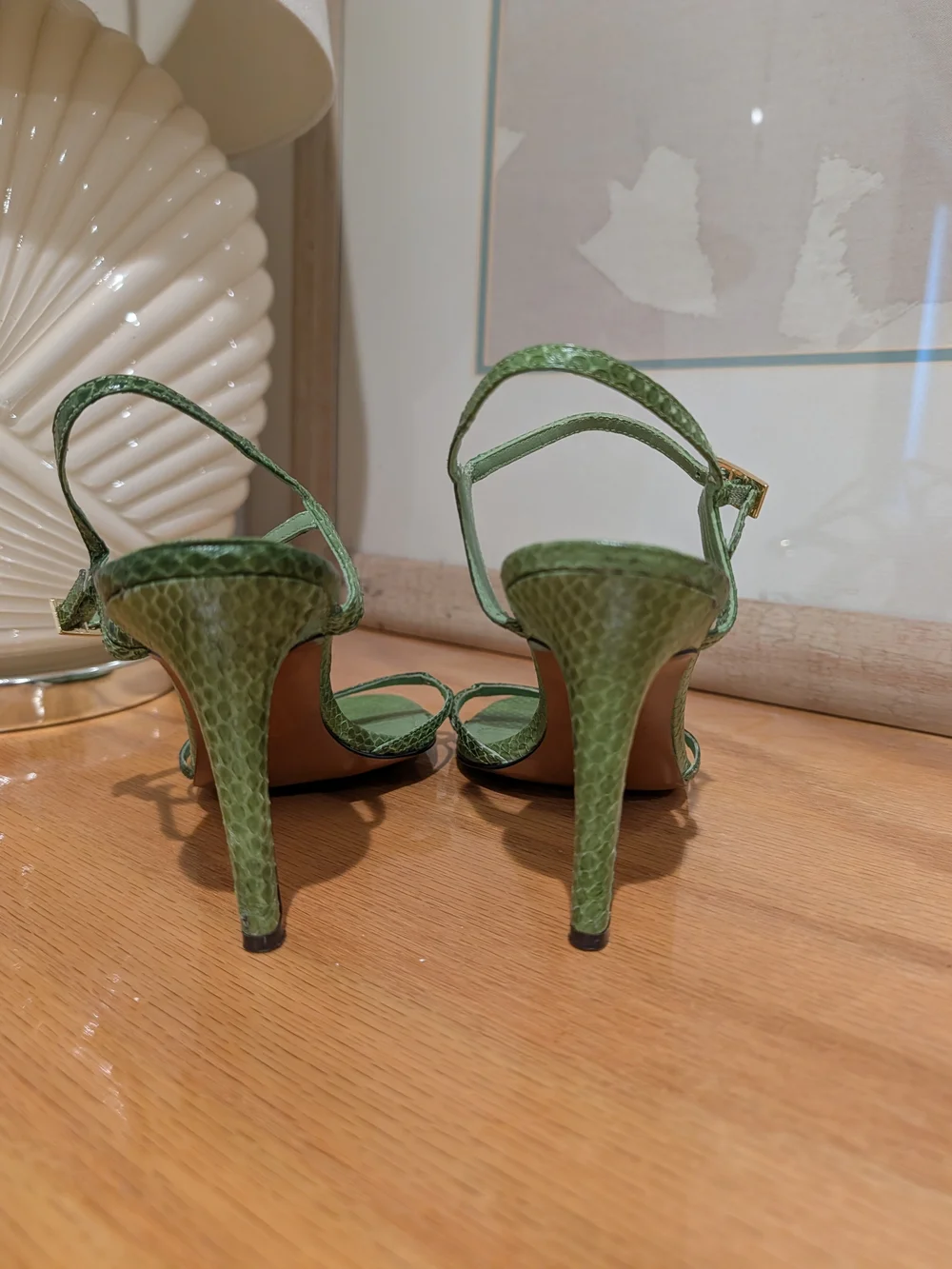 Lauren Ralph Lauren Green Croc-Embossed Strappy Heels
